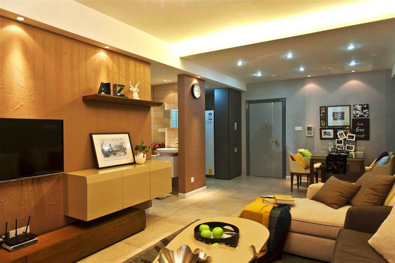 秦皇岛富康家园70平米两室一厅简欧风格土黄色墙纸电视墙客厅装修效果图